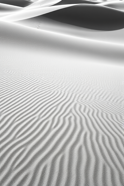 Capture a black and white photograph of smooth sand dunes with soft, flowing curves and shadows, using a Canon EOS R5, 50mm lens, f/5.6, ISO 100, 1/200 sec, natural light, and a wide-angle perspective to emphasize the patterns in the sand.