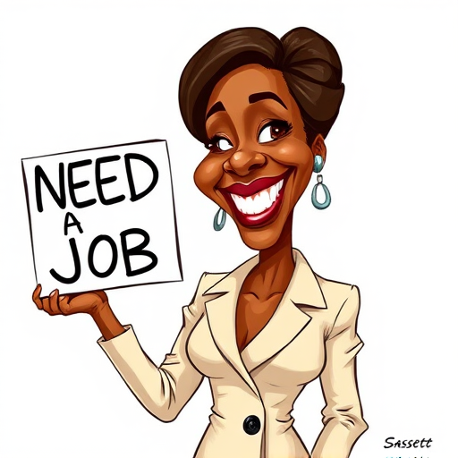 caricature of a smiling Angela Bassett in a Cream dress or suit, holding up a sign that says "NEED A JOB", no watermark,