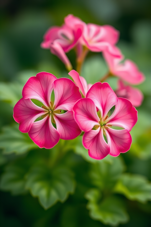 close-up of vibrant pink geranium flowers with lush green leaves, soft focus background, 50mm lens, aperture f/2.8, ISO 100, natural lighting, DSLR camera
