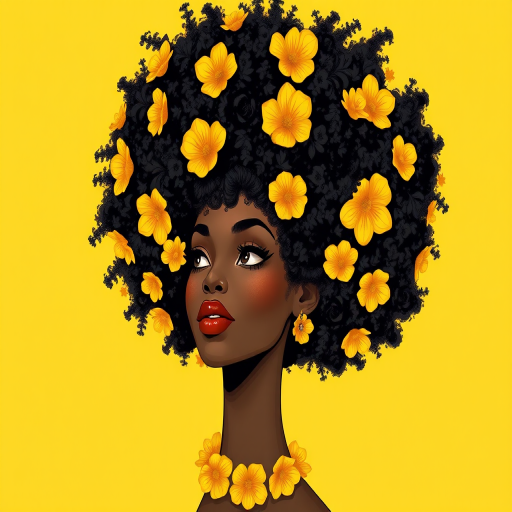 Create an artistic illustration of a woman with a large, textured afro hairstyle made of flowers, featuring bright yellow and black colors, with a vibrant yellow background, using a DSLR camera with a 50mm lens, f/1.8 aperture, ISO 100, and natural light style for enhanced image quality.