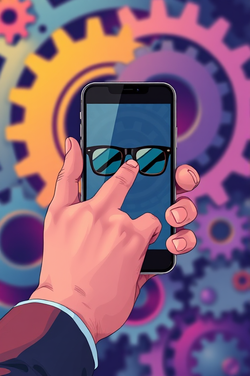 Create a digital illustration of a hand interacting with a smartphone displaying sunglasses, with a background of abstract gears, using a 50mm lens, f/1.8 aperture, ISO 100, facing front, in a vibrant color palette for enhanced clarity and detail.