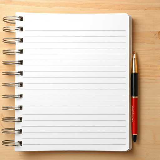 generate an image of a blank lined notebook page with a spiral binding, shot with a DSLR camera at f/8, ISO 100, 50mm lens in a well-lit environment, high-resolution, top-down view