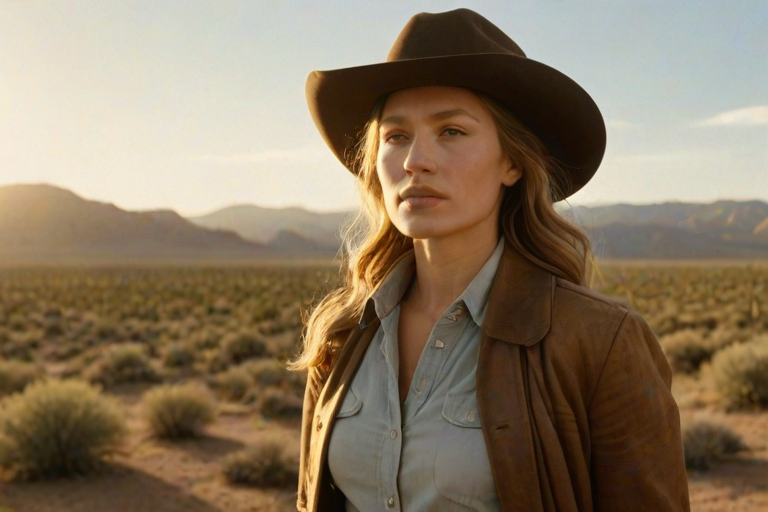 Dramatic photo of a beautiful Western American woman, classic cowboy attire, confident and free spirit expression, half-length portrait, centered, golden hour desert landscape, warm, diffused light, low angle, medium format film camera, in style of Annie Leibovitz.