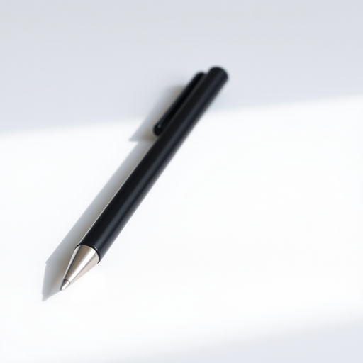 Create an image of a sleek black pen angled diagonally on a plain white background, captured with a DSLR camera at f/2.8 aperture, 50mm lens, ISO 100, with soft natural lighting to enhance the details and texture of the pen.