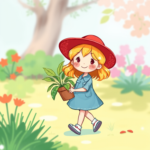 Create a vibrant illustration of a young girl wearing a red hat, walking while holding a potted plant, in a bright and cheerful style, using a digital drawing technique with a resolution of 300 DPI, camera view set to portrait, and utilizing a soft focus for a whimsical effect.