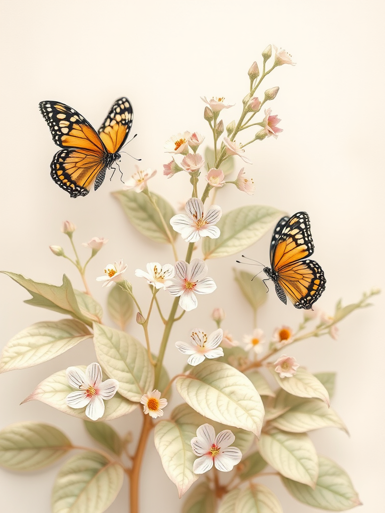 Create a botanical illustration of a plant with delicate leaves and flowers, featuring butterflies in a soft pastel color palette, using a macro lens with f/2.8 aperture, 1/125 sec shutter speed, and ISO 100, shot from an overhead view to enhance details and textures, with a vintage illustration style for a whimsical touch.