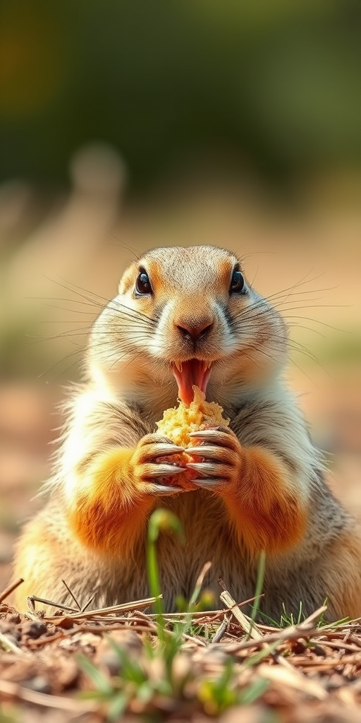 prairie dog eating in a natural habitat, close up, shallow depth of field, ISO 200, f/4, 1/250s, 50mm lens, natural light, DSLR camera