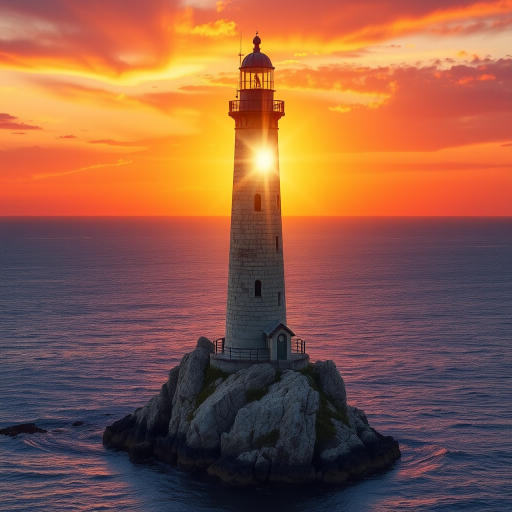 Generate an image of a tall lighthouse perched on a rocky outcrop surrounded by calm ocean waters during a breathtaking sunset. The lighthouse stands sturdy and weathered, its stone surface illuminated by the warm golden light of the setting sun. The sun's rays pass directly through the glass lantern room at the top of the lighthouse, casting a brilliant light across the scene. The sky is painted with vibrant shades of orange, pink, and purple, reflecting off the tranquil sea. The surrounding water shimmers with the same warm hues, creating a serene and majestic atmosphere.