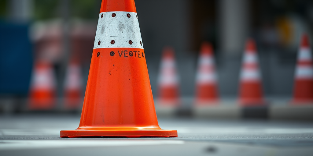 Create a high-resolution image of a traffic cone with vibrant orange and white stripes, using a Canon EOS R5 camera, 50mm lens, f/1.8 aperture, ISO 100, taken from a slightly low angle with a shallow depth of field to enhance the background blur and focus on the cone.