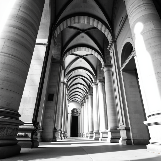 capture an architectural corridor with tall columns and arches in black and white, soft natural lighting, focal length 50mm, aperture f/2.8, shutter speed 1/200s, shot from a low angle with a shallow depth of field using a DSLR camera