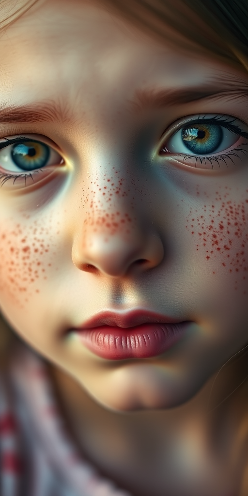 Close-up portrait of a girl with freckles and striking blue and brown eyes, soft natural lighting, shallow depth of field, 50mm lens, f/1.8, ISO 100, 1/200s, captured with a DSLR camera.