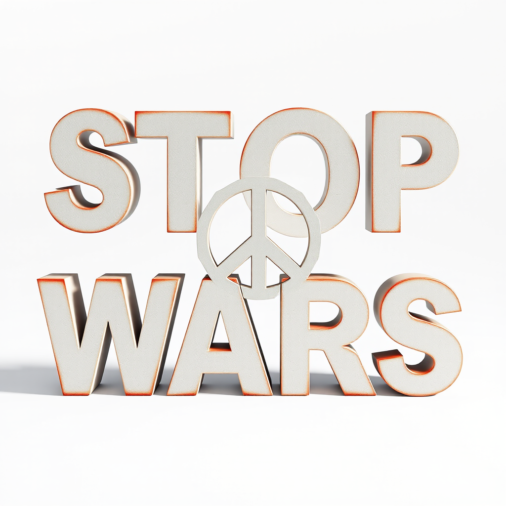 Create an enhanced image of the text "STOP WARS" featuring a peace symbol integrated into the design, using a DSLR camera with a 50mm f/1.8 lens, ISO 100, aperture f/4, 1/125s shutter speed, captured from a straight-on view with bright, soft lighting to create a polished, vibrant look.