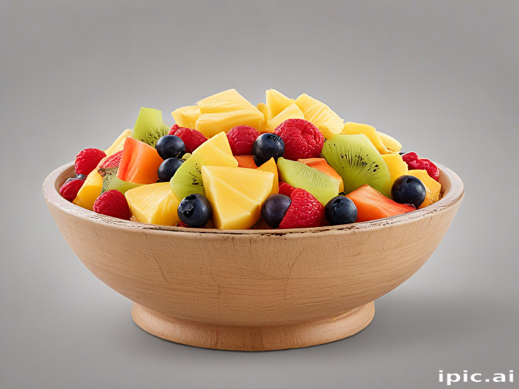 Colorful and Fresh Fruit Salad in a Wooden Bowl for Healthy Eating