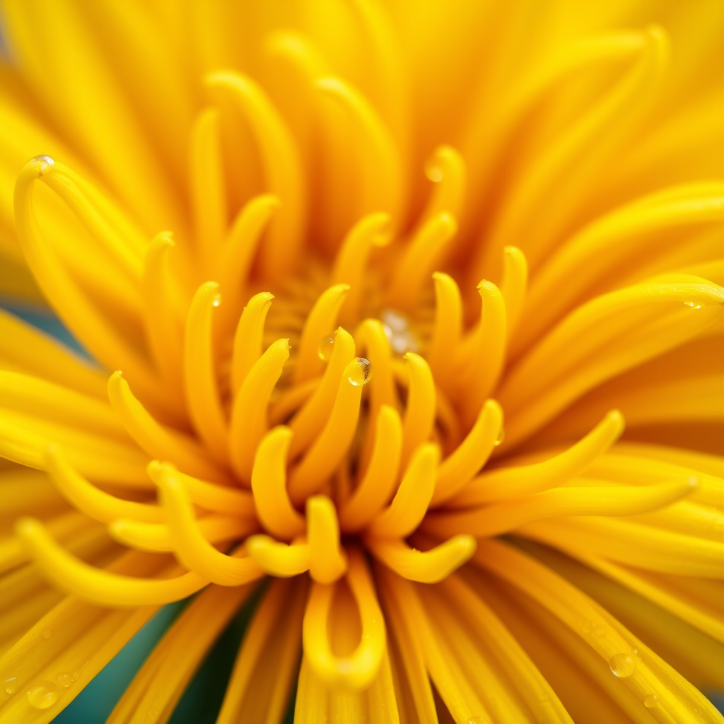 Close-up of a yellow chrysanthemum flower with delicate, elongated petals, droplets of water on the petals, blurred colorful background, taken with a Canon EOS 5D Mark IV, 105mm lens, aperture f/2.8, ISO 100, 1/200 sec, natural lighting.