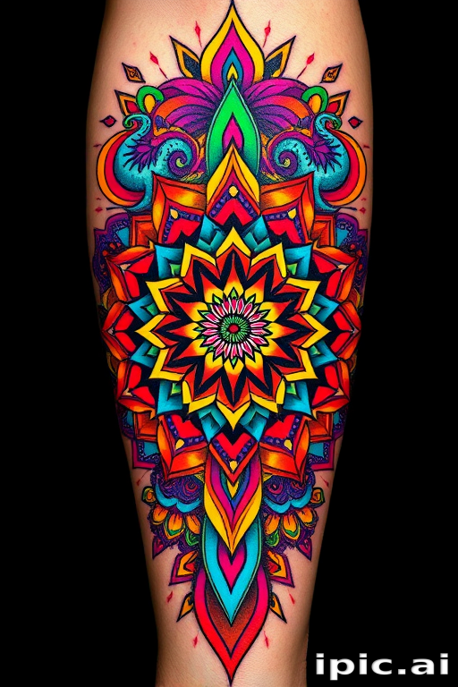 Psychedelic tattoo inspired by 1960s artwork, kaleidoscopic patterns and vibrant neon colors, optical illusions and trippy visual effects, mind-bending and mesmerizing design