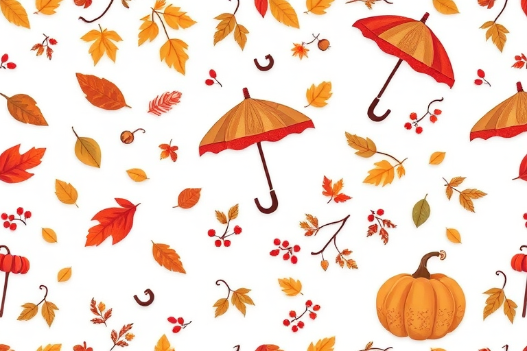 Create a seamless pattern design featuring stylized autumn leaves, umbrellas, berries, and pumpkins on a white background with warm earthy tones using a high-resolution digital illustration style photographed with a Canon EOS 5D Mark IV at f/8, ISO 200, 50mm lens in soft natural light.