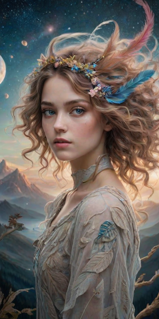 Create a series of imaginative portraits where each subject is infused with elements of fantasy and nature. The hair of the individuals should flow like clouds, varying from soft, fluffy cumulus to wispy cirrus strands, with hints of color reflecting a sunset or a clear blue sky. The eyes should be windows to entire galaxies, with stars, nebulae, and distant planets visible within them. Clothing should be adorned with nature motifs, such as floral patterns that bloom and change, vines that seem to grow and wrap around, or feathers that shimmer with iridescence. Each portrait should capture a unique personality, blending human features with the ethereal beauty of the natural and cosmic world. The backgrounds can vary, from starry night skies to enchanted forests, adding depth and context to the magical realism of the portraits