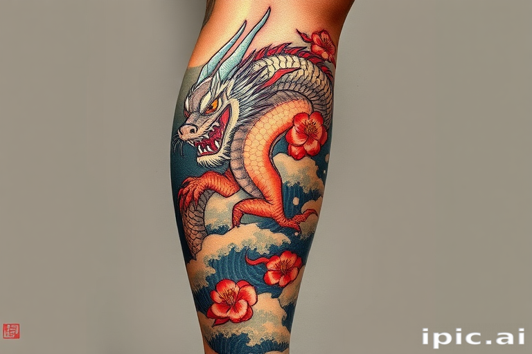 Bold traditional Japanese tattoo spanning the entire leg, showcasing a fierce dragon intertwined with cherry blossoms and crashing waves, utilizing rich colors and bold outlines in the classic Irezumi style
