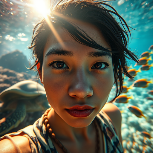 Realistic selfie image of a Pacific Islander, wearing a vintage outfit, detailed dreamy eyes, droopy hooded eyes, staring at the camera, taken underwater at coral reef with a sunbeam filtering through the water, vibrant, summer vacation, natural lighting, turtle and school of tropical fish with vibrant colors, rendered in the style of CryEngine, Pegi Nicol MacLeod, with realistic genre scenes, hauntingly beautiful narratives, ultra-realism, and Thomas Saliot's close-up technique, 8K resolution, crystal clear and sparkling water.