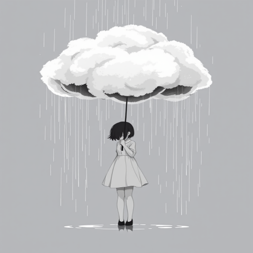 Create a high-contrast illustration of a girl standing under a large, fluffy cloud held by an umbrella, with raindrops falling around her, using a soft-focus lens at f/2.8, 50mm focal length, shot with a DSLR camera from a slightly low angle for a dramatic effect, in a minimalist black and white style.