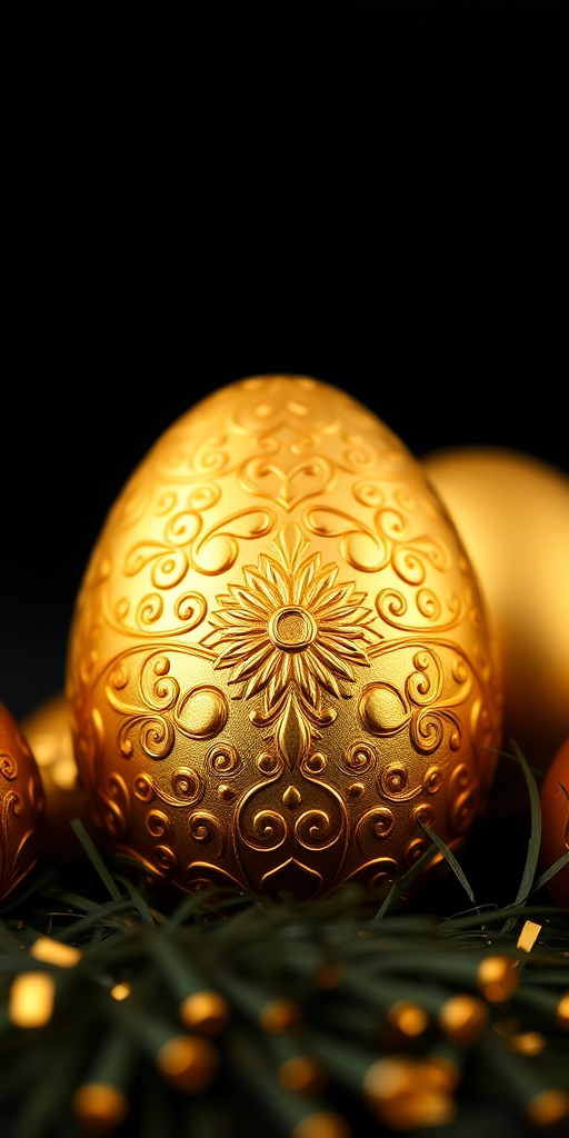Create an image of decorative golden Easter eggs with intricate patterns against a black background, using a Canon EOS R5 camera, 50mm lens, aperture f/1.8, ISO 100, and a low-angle view to enhance bokeh effects.