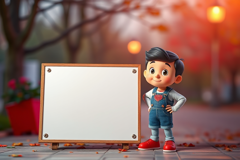 Create a high-resolution image of a cartoon character standing next to a blank sign, using a DSLR camera with a 50mm lens, aperture set to f/2.8, ISO 100, and a soft focus background to enhance clarity and vibrancy.
