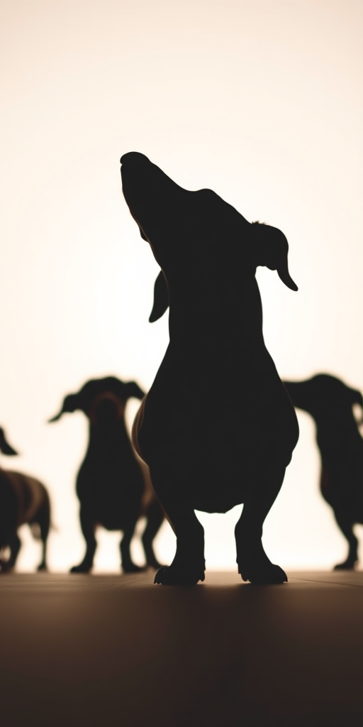 Dachshund silhouettes in a minimalist style, focus on playful posture, soft natural lighting, aperture f/4, shutter speed 1/200s, ISO 200, shot using a DSLR camera from a low angle to capture dynamic outlines.