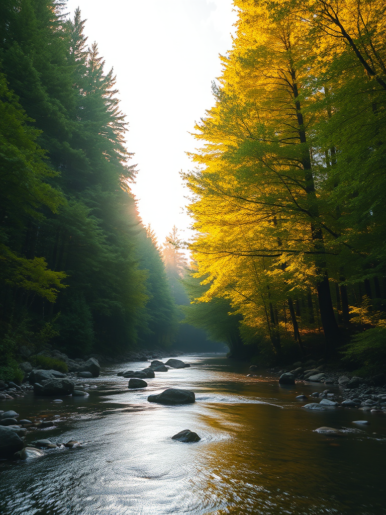 Create an image of a serene, sunlit forest scene with a clear, gently flowing river. Tall trees with lush green foliage line both sides of the river, their leaves bathed in the warm golden light of the setting or rising sun. The sunlight filters through the trees, casting soft, dappled light on the river, which flows over smooth rocks and pebbles, creating a peaceful, natural atmosphere. The sky is bright with a few scattered clouds, and the overall mood is tranquil, evoking a deep sense of connection with nature. The image captures the beauty of a calm, pristine forest landscape at either dawn or dusk.