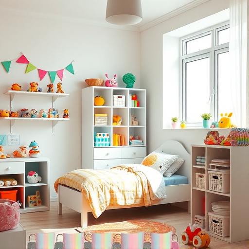 a bright and colorful children's room with white walls, a small bed with plush toys, a white cupboard, and a variety of toys displayed, natural light streaming through a window, wide-angle view, taken with a DSLR camera, aperture f/4, ISO 200, shutter speed 1/60 sec, vibrant colors and soft focus