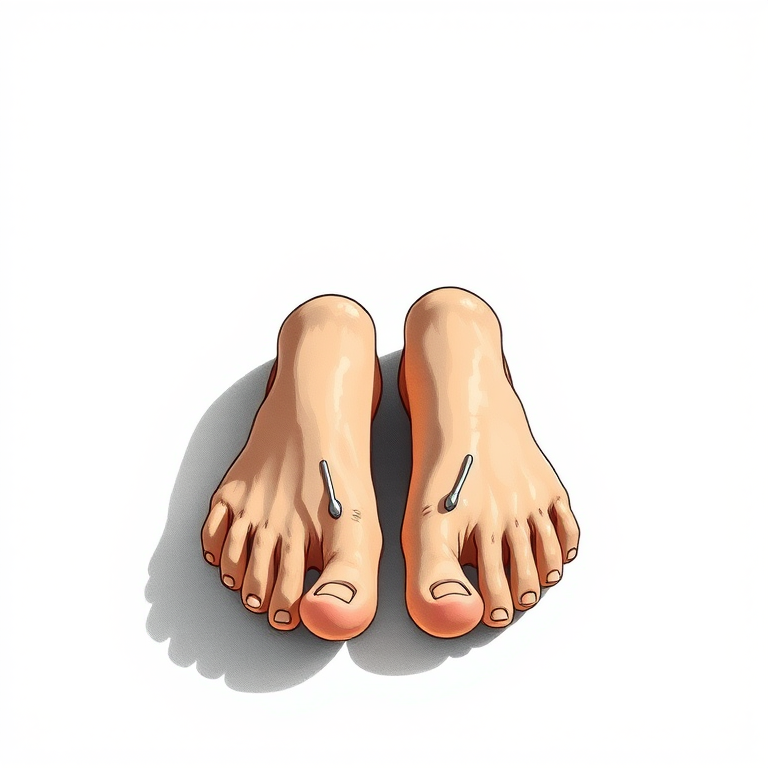 create a detailed illustration of a pair of feet on a flat surface with realistic textures and shadows, using a DSLR camera with a 50mm f/1.8 lens, aperture set to f/4 for a sharp depth of field, shot in natural light from the side to enhance detail and contrast, in high resolution for clarity and quality.