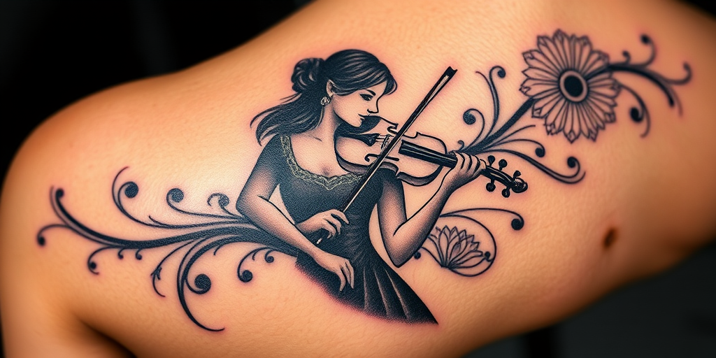 Negative space tattoo named "Silhouette Serenade" using the natural skin tone to create the main image of a female figure playing a violin, with intricate blackwork patterns filling the background