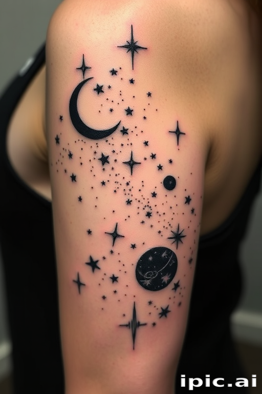 Negative space tattoo titled "Celestial Silhouette" using clever placement of solid black ink to reveal intricate star constellations and cosmic imagery within the untouched skin