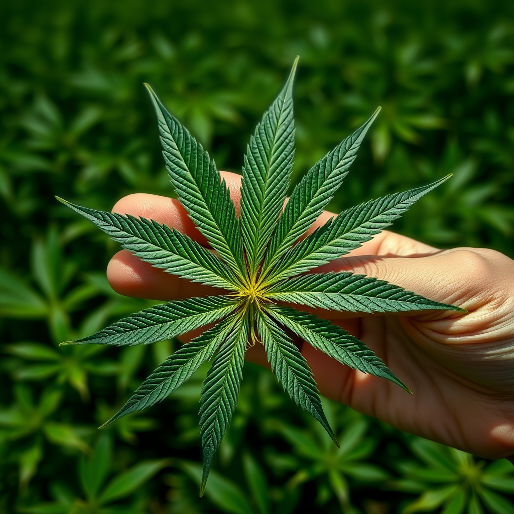 high-quality close-up of a hand holding a large cannabis leaf in a lush green field, daytime, soft focus background, shot with a DSLR camera, 50mm lens, aperture f/2.8, ISO 100, natural light