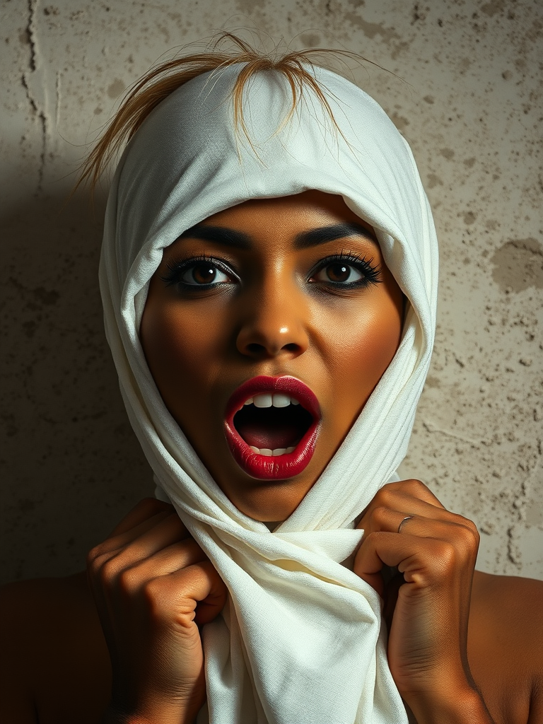 Create a close-up photographic image of a Indo-Caribbean woman with light skin tones shown against an old, worn wall. Their head is wrapped in a white cloth covering (i.e.... parts of the head except the nose and mouth, which are open as if they are screaming...), with a slight texture and visible folds in the fabric. Thin strands of blonde hair escape from the wrapping above, falling lightly at the top and sides. Their hands hold the fabric as if they are tugging nervously. The lighting is dramatic and even, casting strong shadows. The image has a minimalist and surreal style with an emphasis on simplicity with soft color tones. The composition is centered.