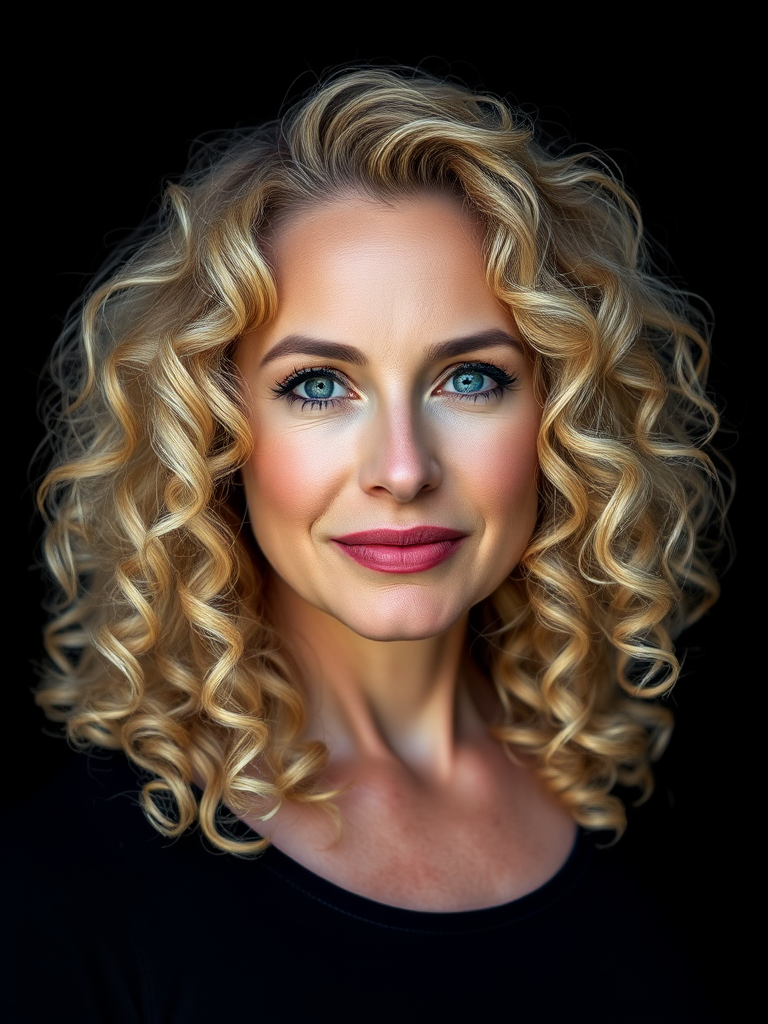 regenerate a high-quality portrait of a woman with curly blonde hair, showcasing her confident expression with a blurred black background, using a Canon EOS R5, 85mm lens, f/1.8 aperture, ISO 100, soft natural lighting.