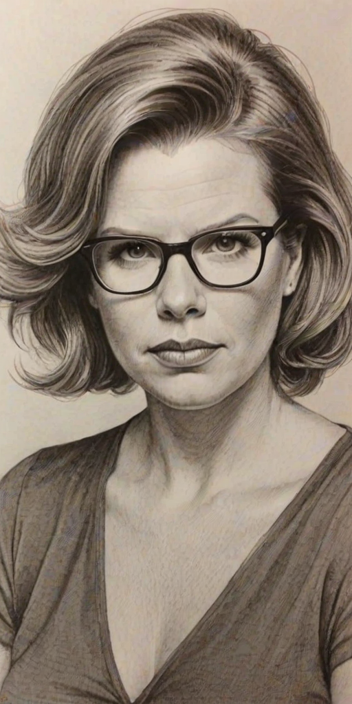 Magnificent Leslie Jones, pencil sketch, portrait of Bewitching woman 1972s in glasses, hair style beatnik, outline, clear lines, fine lines, 8k