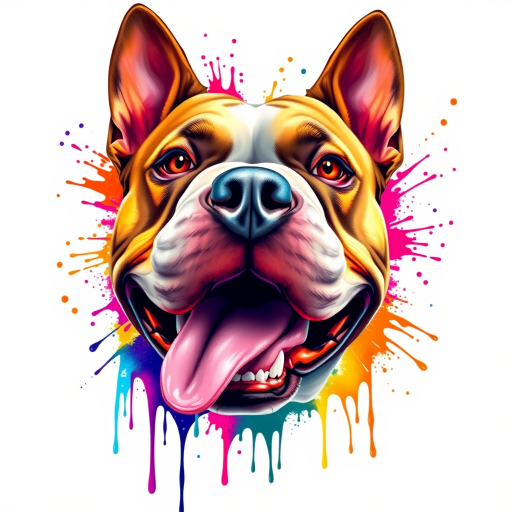 Create a hyper-detailed splash art of an American Bully dog's head on a clean white background. The design should include vibrant color splashes and drips in complementary colors, focusing on the tongue and eyes, expressive features and intricate contours. The dog's expression should be intense, almost roaring, and the overall composition should be different positions, feel fantastic and dynamic, as if a part of a digital fantasy artwork would be rendered in an 8k resolution, inspired by a mix of oil painting techniques and a stylized, epic Instagram aesthetic.