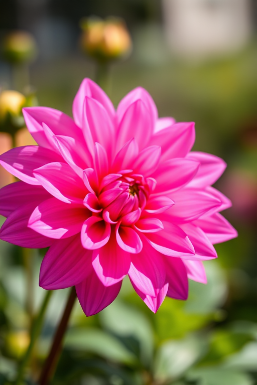 Capture a close-up of a vibrant pink dahlia flower in natural light, using a DSLR camera with a 50mm lens, aperture set to f/2.8, ISO 100, shutter speed 1/200s, focus mode set to single-point, with a shallow depth of field to emphasize the flower's intricate details.