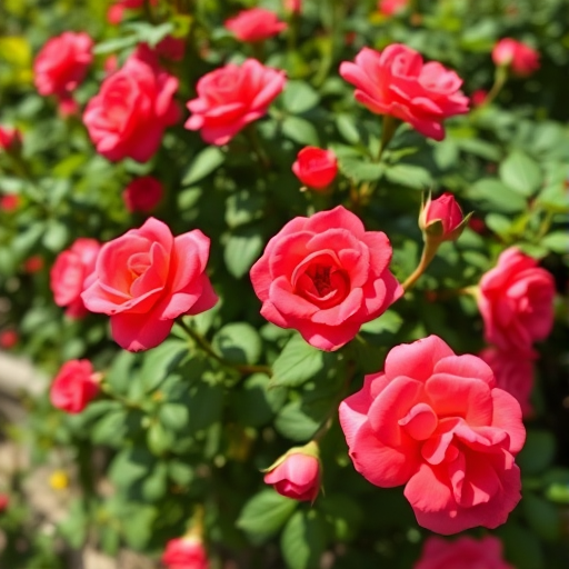 A vibrant rose bush with lush green leaves and blooming coral roses, taken with a DSLR camera, 50mm lens, f/2.8 aperture, ISO 100, with a shallow depth of field for a soft blurred background, natural sunlight illuminating the petals.
