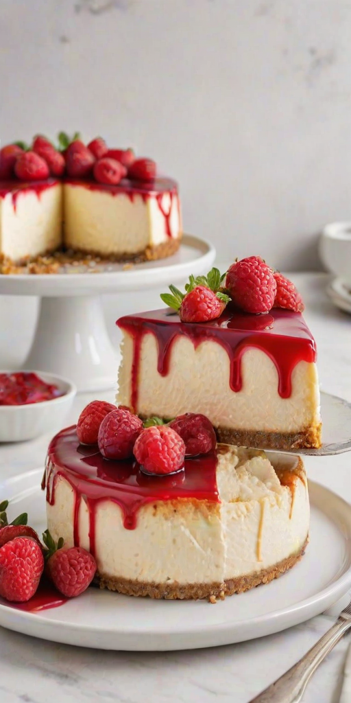 Generate an image of a cheesecake with a swirl of raspberry sauce on top, garnished with fresh strawberries. The cheesecake should be displayed on a white cake stand, with a slice cut out to show the creamy texture inside. The background should be simple and elegant, enhancing the dessert's vibrant colors.