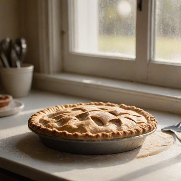 Close-up of a freshly baked pie cooling on a windowsill, soft afternoon light streaming through the window, with flour-dusted countertops and baking utensils softly blurred in the background.