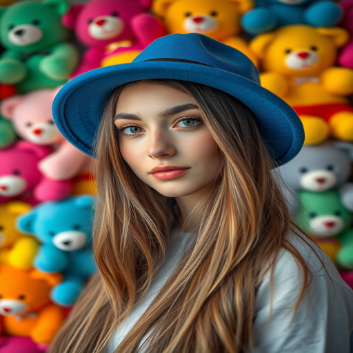 portrait of a woman with long hair wearing a blue hat against a vibrant background of colorful teddy bears, shallow depth of field, ISO 100, f/1.8, 50mm lens, natural lighting, DSLR camera, vibrant colors, high resolution