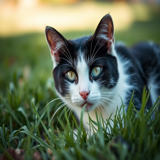 Generate an image of a black and white cat lying on green grass with a shallow depth of field, using a DSLR camera at f/2.8, 1/200 sec shutter speed, ISO 100, in natural light, focusing on the cat's face while blurring the background.
