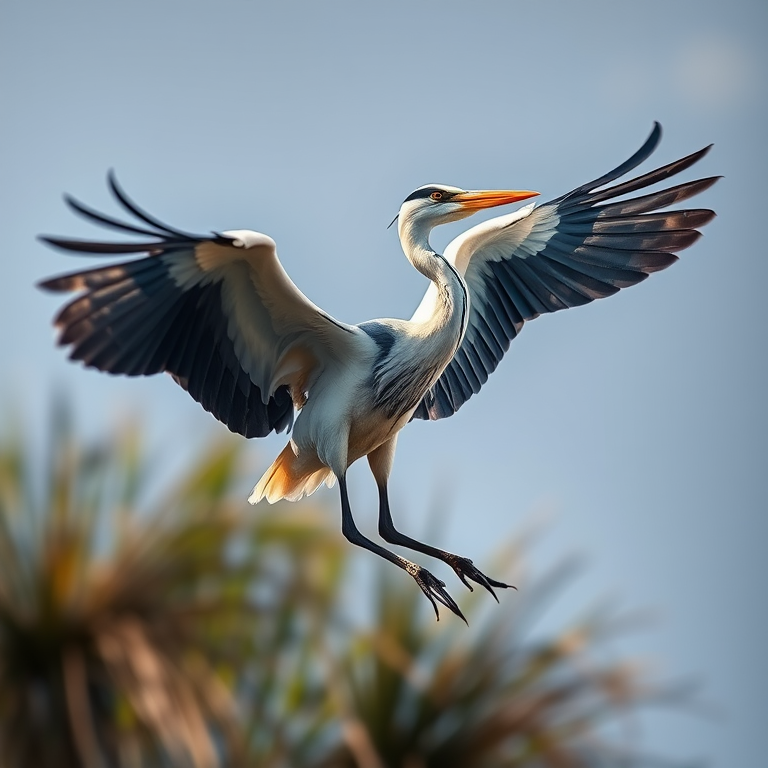 Create a high-resolution illustration of a flying heron in detail with dynamic wings spread, vibrant colors, sharp focus, using a DSLR camera, 50mm lens, f/2.8 aperture, ISO 100, and a shutter speed of 1/1000s, shot from a low angle perspective to enhance depth.