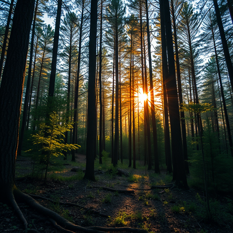 Create an image of a serene forest landscape during golden hour with soft sunlight filtering through the trees, using a Canon EOS R5, 24mm lens, f/8 aperture, ISO 100, shot from a low angle to capture depth and vibrant colors.
