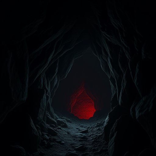 Create an image of a dark, ominous cave entrance with large jagged teeth, surrounded by sharp rock formations, illuminated by a faint reddish glow inside, using a DSLR camera with a 24mm lens, aperture set to f/8, ISO 200, and a low-angle shot to enhance depth and perspective.