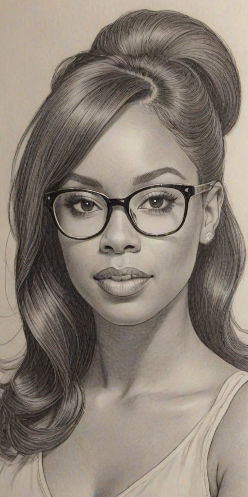 Attractive Tiffany Hines, pencil sketch, portrait of Wonderful woman 1964s in glasses, hair style beatnik, outline, clear lines, fine lines, 8k
