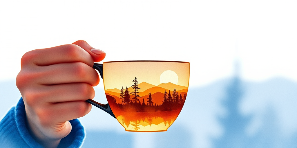 Create a serene watercolor illustration of a silhouette holding a steaming coffee cup, with a vibrant landscape of trees and mountains reflected in the cup, using soft blue and orange tones, shot with a Canon EOS R5 at f/8, ISO 100, 50mm lens, natural light, and a shallow depth of field.