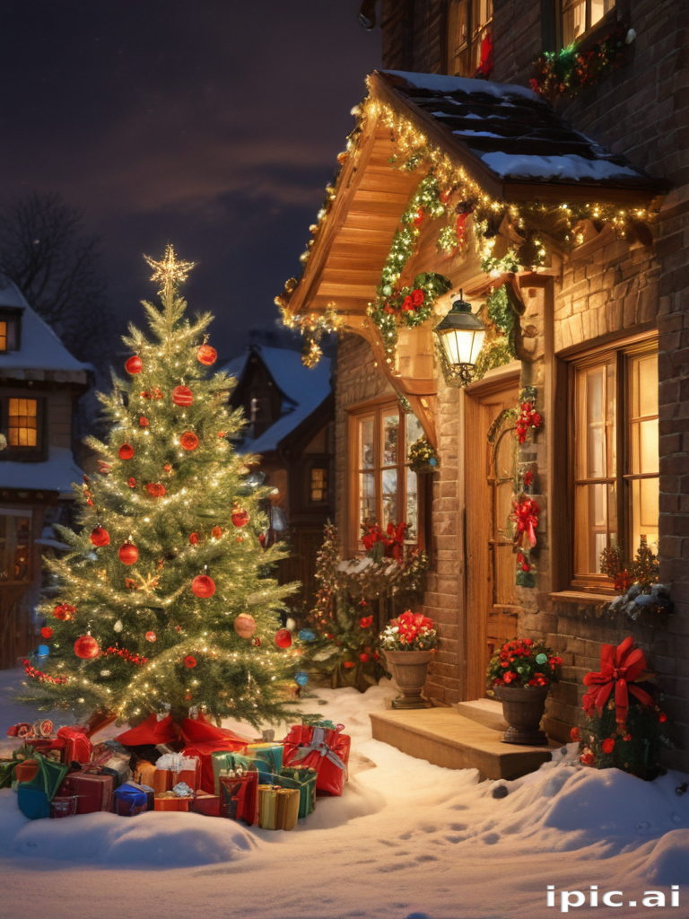 A Cozy Winter Evening with a Decorated Christmas Tree and Gifts.