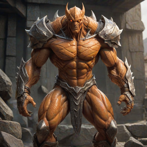 orange skin resembling stone or armor plates. Its head is triangular and elongated, rippling muscles with deep, humanoid figure, suggesting a blend of stone and steel textures. The scales have sharp, clawed feet and has a muscular, its body crouched low and ready to charge or attack. It has a muscular, displaying a powerful, This is a highly detailed digital CGI rendering of an enormous